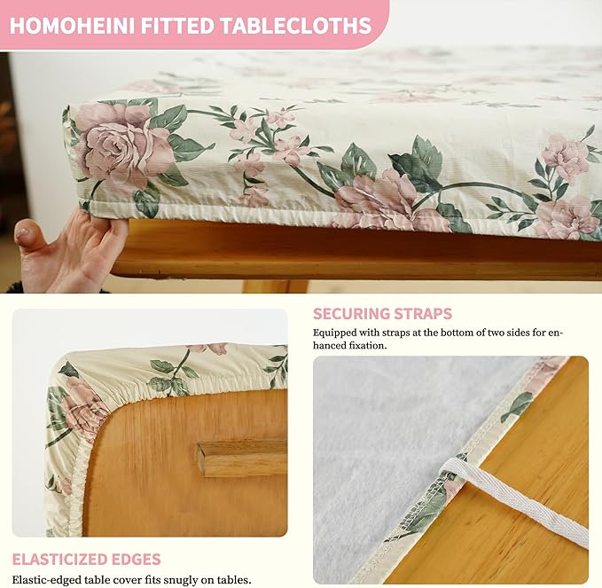 Rectangle Picnic Table Cloth, Elastic Waterproof Fitted Vinyl Tablecloths for 5 Foot Tables, Wipeable Flannel Backed Table Covers for Dining, Camping, Outdoor(Rose,36"x60")
