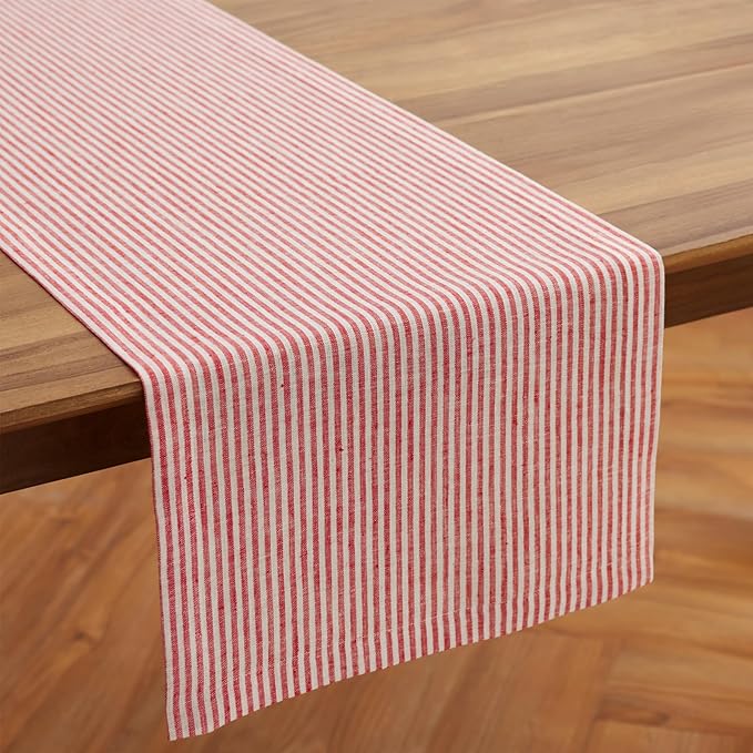 Solino Home Linen Table Runner 120 Inches Long - Narrow Stripe, 100% Pure Linen Red and White Table Runner 14 x 120 Inch for Dining, Valentines, Winter, Spring, Easter