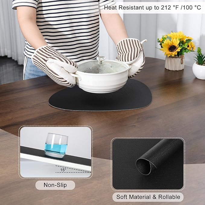 Placemats and Coasters, Washable Reversible Placemats Round Faux Leather Wipeable Place Mats Non Slip Heat Resistant Indoor Outdoor Table Mats (Set of 4, Black)