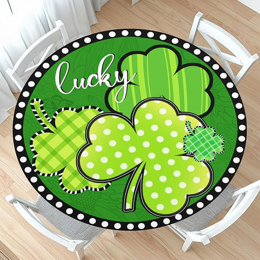 St Patricks Day Round Fitted Tablecloth with Elastic Green Shamrock Lucky Circle Table Cover for 48-52" Tables Spring Clover Wipeable Waterproof Washable Table Cloth for Party Picnic Dining Decor