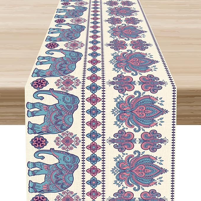 Boho Elephant Table Runner, Rustic African Tribe Animal Damask Diwali India Mandala Art Print Purple Coffee Table Center Decor for Home Kitchen Holiday Party Outdoor Table Decorations, 13"x72"