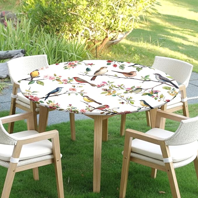 Spring Summer Round Fitted Tablecloth with Elastic Edge Bird Floral Easter Circle Table Cloth for 40-44" Round Tables Wipeable Waterproof Hummingbird Flower Table Cover for Outdoor Picnic Dining Decor