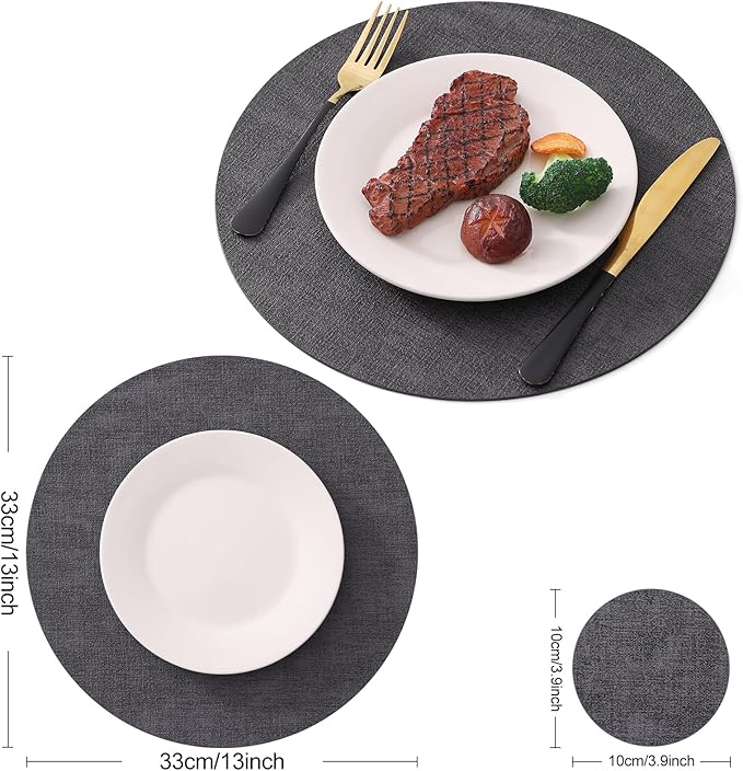 Homaxy Round Faux Leather Placemats and Coasters, Washable Dual-Side Table Mats, Wipeable Heat-Resistant Dining Place Mats for Outdoor and Indoor, Set of 8, Diameter 13 and 3.93 inch, Dark Grey