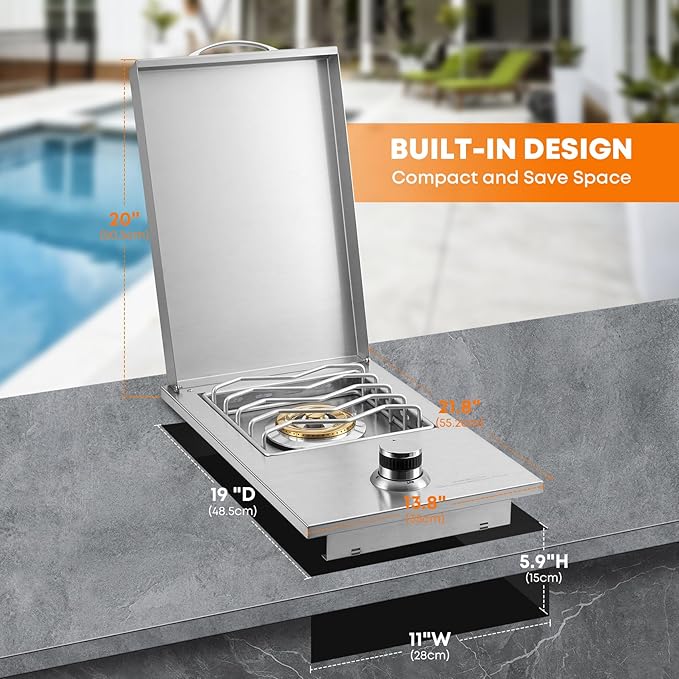 Stanbroil Built-in Stainless Steel Side Burner for Outdoor Kitchen - Natural Gas Only