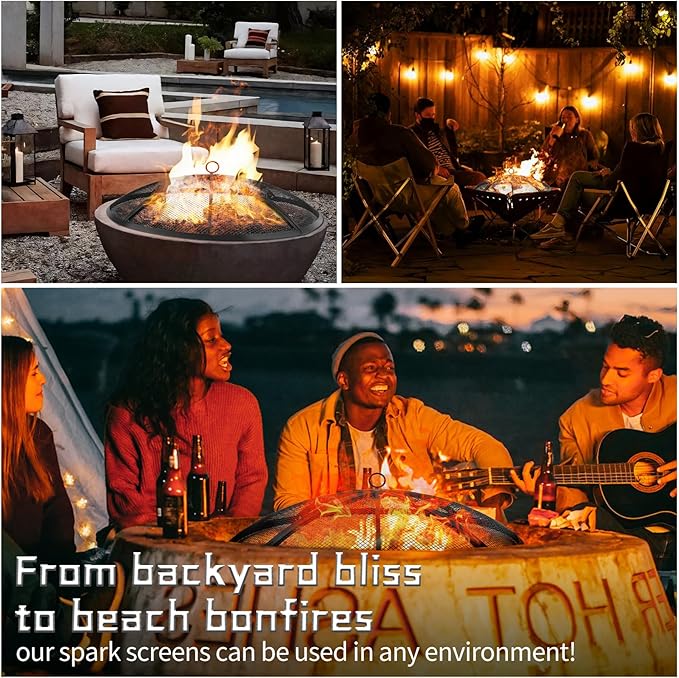 Fire Pit Spark Screen, Outdoor 36 Inch Round Fire Pit Screen with Foldable Hook and Marshmallow Sticks, Heavy Duty Steel Mesh Fire Pit Cover for Backyard, Beach, RV Camping