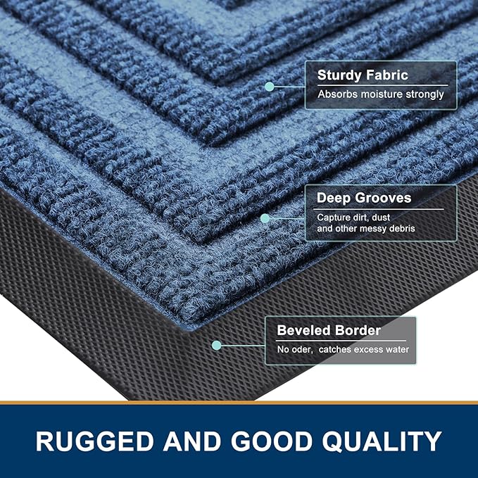Buganda Front Door Mat Indoor Outdoor Entrance, Non-Slip Natural Rubber Doormats, Easy Clean, Low Profile, Dirt Trapper Entryway Floor Mats for Outside, Garages and Patios, 36x24, Light Blue