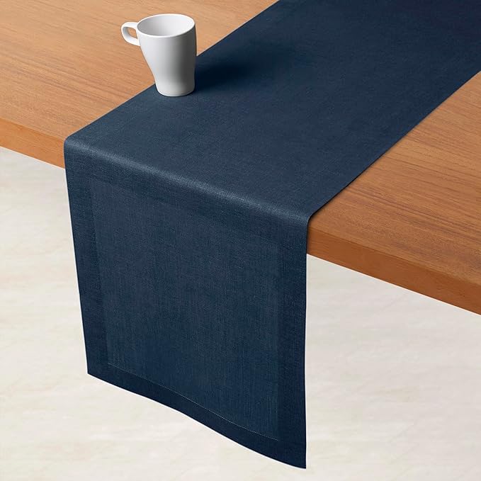 D'Moksha Homes Linen Table Runner 48 Inches - 100% Pure Linen Navy Blue Table Runner 14 x 48 Inch for Coffee Tables, Dresser, Winter, Holiday - Machine Washable