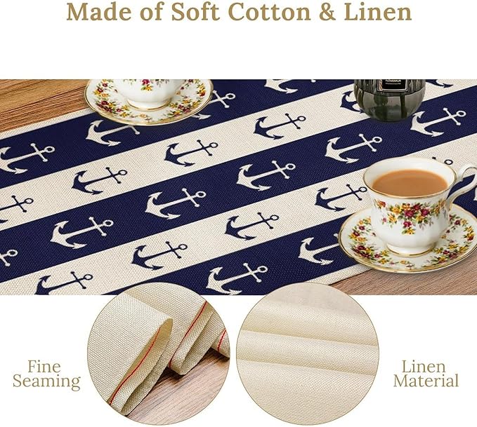 Nautical Anchor Table Runner, Ocean Beach Coastal Beach Stripe Background Theme Table Runner for Dining Kitchen Party Holidays Home 13x60in