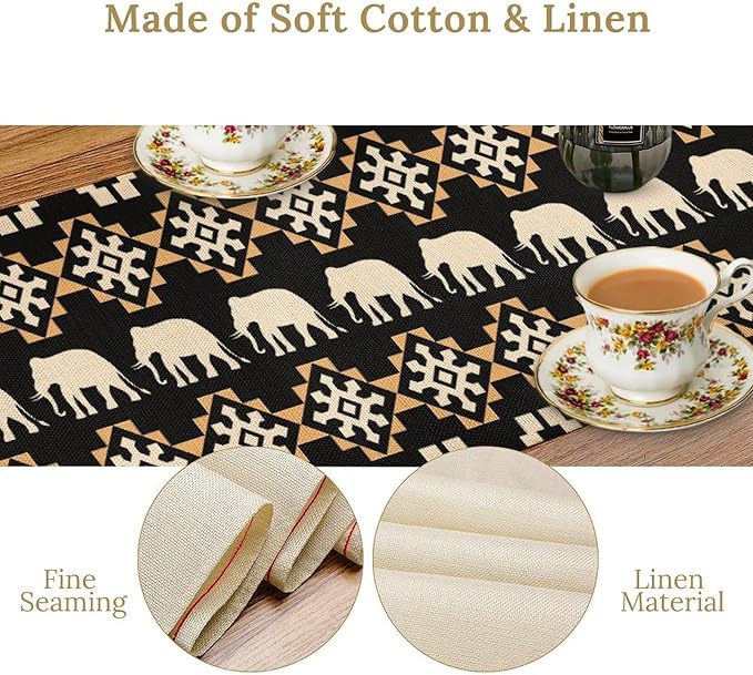 African Table Runner, African Art Elephants Geometric Tribal Ethnic Table Runner for Dining Kitchen Farmhouse Party Coffee Home 13x36in