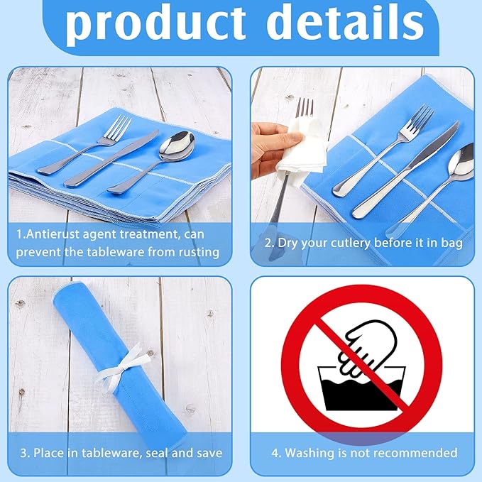 Saintrygo 6 Pieces Anti Tarnish Silver Storage Bags silverware Blue Holder for Flatware Storage Organizer Place Setting Roll with White Ribbon for Kitchen Utensils