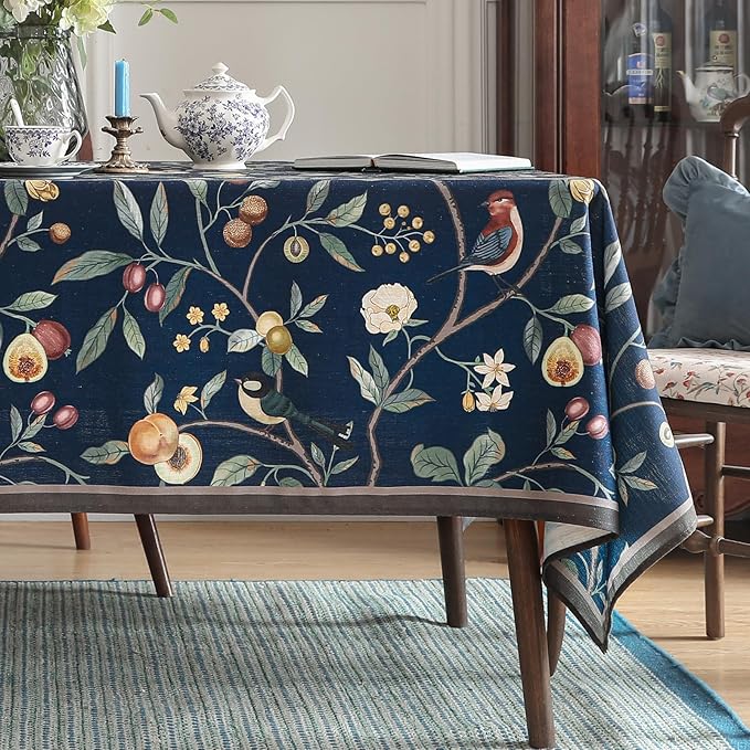 Linen Table Cloth Rectangle,Wrinkle Resistant French Blue Tablecloth Print with Froal,Decor Stitch Table Cloth for Thanksgiving,Dining Room,Home,Kitchen 55" × 79"-DeweyA Blue