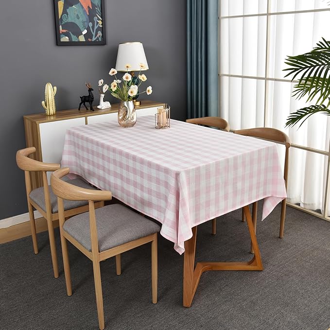 Gingham Table Cloth for Rectangle Tables Pink Checkered Plaid Tablecloth Heavy Duty Cotton Blend Washable & Wrinkle Table Cover for Outdoor Kitchen Dining Picnic Camping (52x86 Inch)