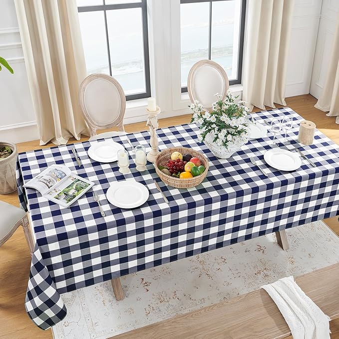 Softalker Gingham Checkered Tablecloth Rectangle - Outdoor Waterproof Buffalo Plaid Table Cloth, Stain Resistant Washable Table Cover for Picnic, Camping, Dining - Navy Blue and White, 60 x 120 Inch
