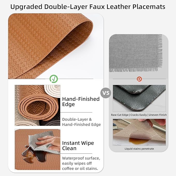 Faux Leather Placemats Set of 4 – 17x12 Inch Vinyl Table Mats, Heat Resistant, Non Slip, Wipeable & Washable, Easy to Clean Dining Table Decor for Kitchen & Dining Room（Cinnamon Brown）