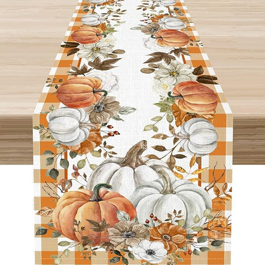Fall Table Runner, Farmhouse Autumn Pumpkin Harvest Orange Buffalo Plaid Thanksgiving Rustic Coffee Table Center Decor for Home Kitchen Dining Patio Holiday Party Indoor Outdoor, 13"x72" Inch