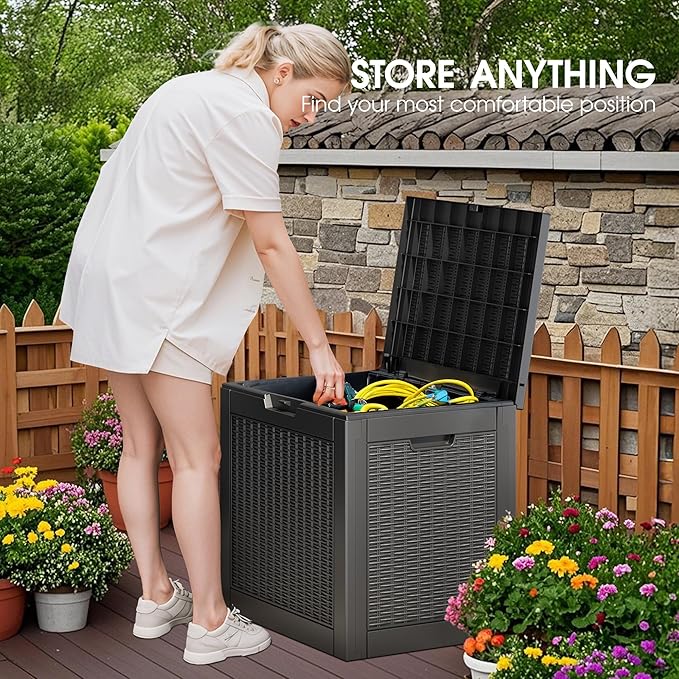 31 Gallon Outdoor Storage Deck Box Waterproof,Garden Tool,Backyard Cushion,Poolside Storage,Small Delivery Boxes for Outside,Lockable Lid,Rattan Black