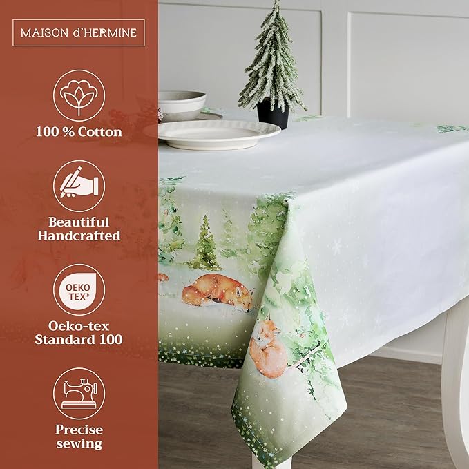 Maison d' Hermine Table Cloth Rectangle Table 100% Cotton 70 x 120 Inches Fall Tablecloth Reusable Everyday Use for Thanksgiving Christmas Decorations Dining Farmhouse Party (Winter Mornings)