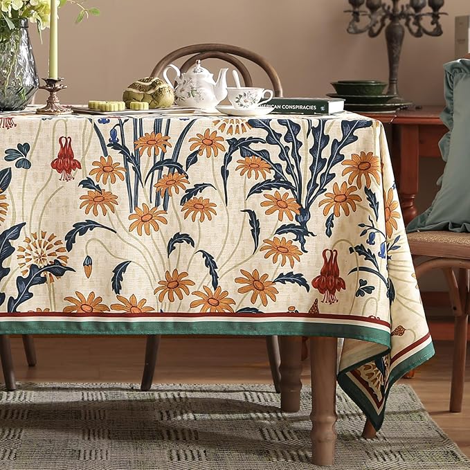 French Vintage Square Tablecloth,Linen Tablecloth with Gold and Red Floral Pattern,Decorative Table Cover for Kitchen,Dining,Thanksgiving,Tea Party,Living Room,67" × 67"-Tijuana