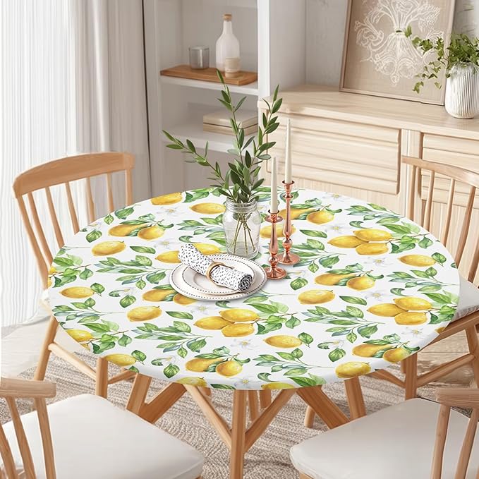 Lemon Round Fitted Tablecloth with Elastic Spring Summer Yellow Lemons Circle Table Cloth for 36-40" Round Tables Wipeable Waterproof Lemonade Party Farmhouse Table Cover for Picnic Dining Outdoor
