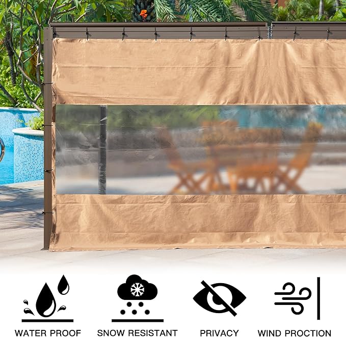 Domi Heavy Duty Outdoor Clear Panel Curtain, 18 oz Waterproof PVC Polyester Curtain, Weather Resistant & Tearproof for Patios, Gazebos, Pergolas, Privacy Screen (7'H x 10'W, Gray)