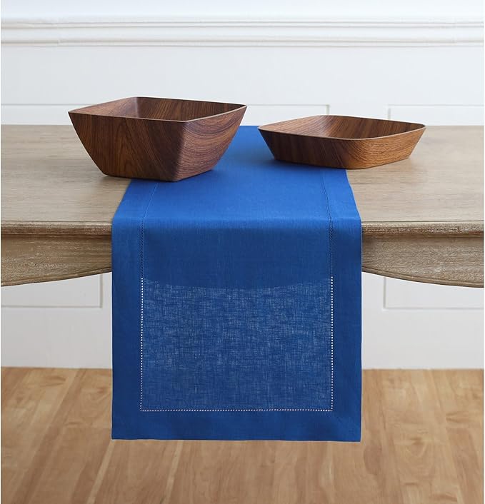 Solino Home Linen Royal Blue Table Runner 36 Inches - Classic Hemstitch, 100% Pure Linen Coffee Table Runner 14 x 36 Inch Ideal for Dresser Tables, Spring