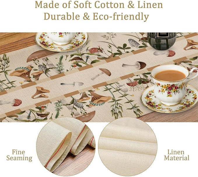 Wild Mushroom Table Runner, Retro Floral Plants Botanical Print Table Cover for Kitchen Dining Table Wedding Home Party Decor, 13x36inch
