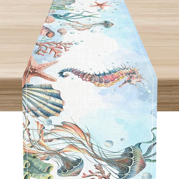 Summer Beach Table Runner, Blue Sea Coastal Nautical Turtle Jellyfish Seashell Ocean Table Runner Seasonal Holiday Home Kitchen Dining Table for Home Party Decor 13"x72"
