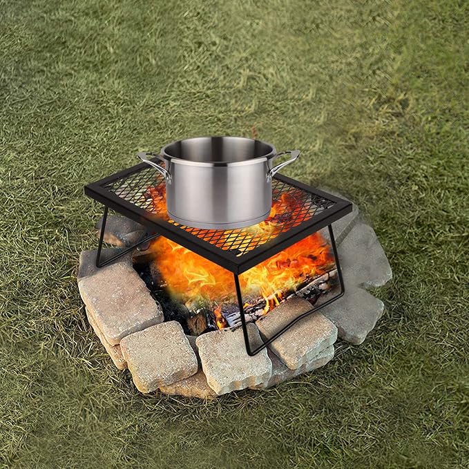 17" Folding Campfire Grill Grate, Portable Heavy Duty Steel Over Fire Camp Grill for Outdoor Camping Cooking Fire Pit, Black
