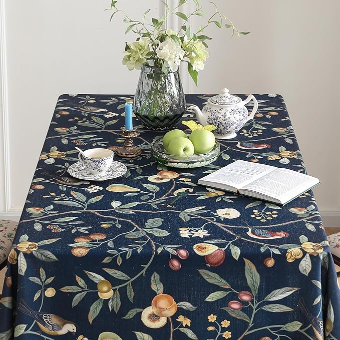 Linen Table Cloth Rectangle,Wrinkle Resistant French Blue Tablecloth Print with Froal,Decor Stitch Table Cloth for Thanksgiving,Dining Room,Home,Kitchen 55" × 79"-DeweyA Blue