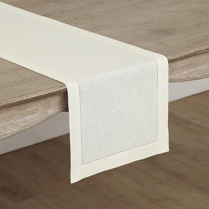 Solino Home Linen Ivory Table Runner 60 Inches - Classic Hemstitch, 100% Pure Linen Coffee Table Runner 14 x 60 Inch Ideal for Dresser Tables - Spring, Easter