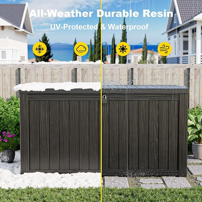 EasyUp 180 Gallon Outdoor Storage Box Waterproof, UV Resistant Resin Deck Box with Hydraulic Rod, Reinforced Stability for Patio, Garden, and Pool, Striped Black