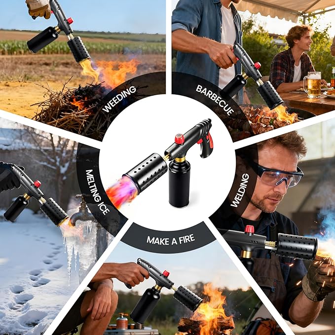 Propane Torch, Cooking Blow Torch Gun with Safety Lock, Charcoal Lighter, Flame Thrower, Kitchen Food Torch Head for Grill, Sous Vide, BBQ (Tank Not Included) (Peach wood)