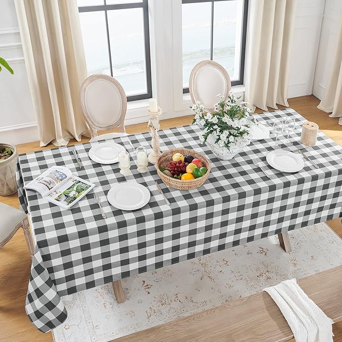 Softalker Gingham Checkered Tablecloth Rectangle - Outdoor Waterproof Buffalo Plaid Table Cloth, Stain Resistant Washable Table Cover for Picnic, Camping, Dining - Grey and White, 60 x 102 Inch