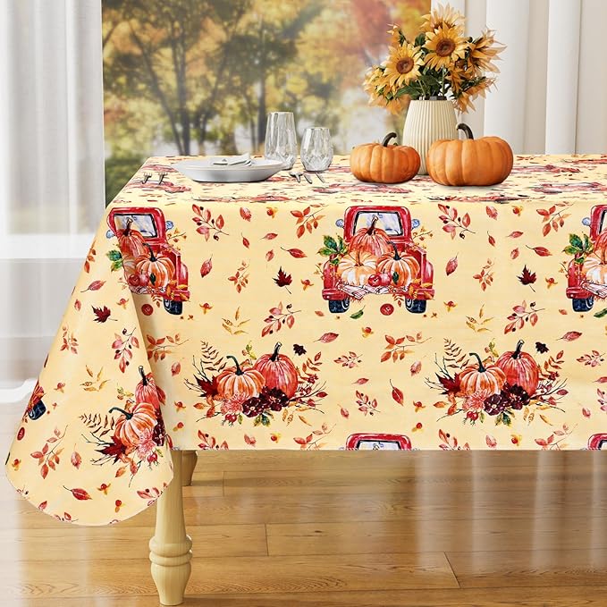 misaya Rectangle Waterproof Vinyl Table Cloth, Wipeable Tablecloth with Flannel Backing, Plastic Table Cover for Fall, Thanksgiving (Pumpkin Truck, 60" x 102")