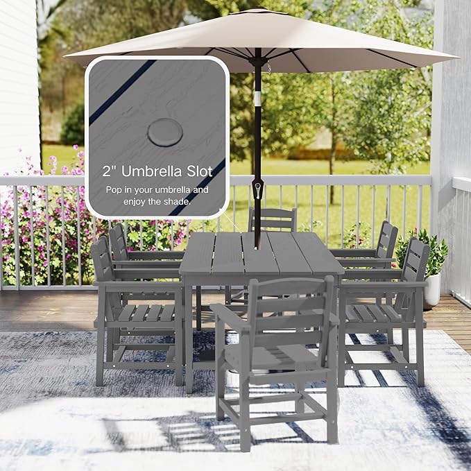 7 Piece Patio Dining Set with 11ft Patio Umbrella (Cream-White), 7 Gray Outdoor HDPE Dining Set with 6 Chairs + 1 Large Table, for Market, Pool, Garden, Backyard, Deck
