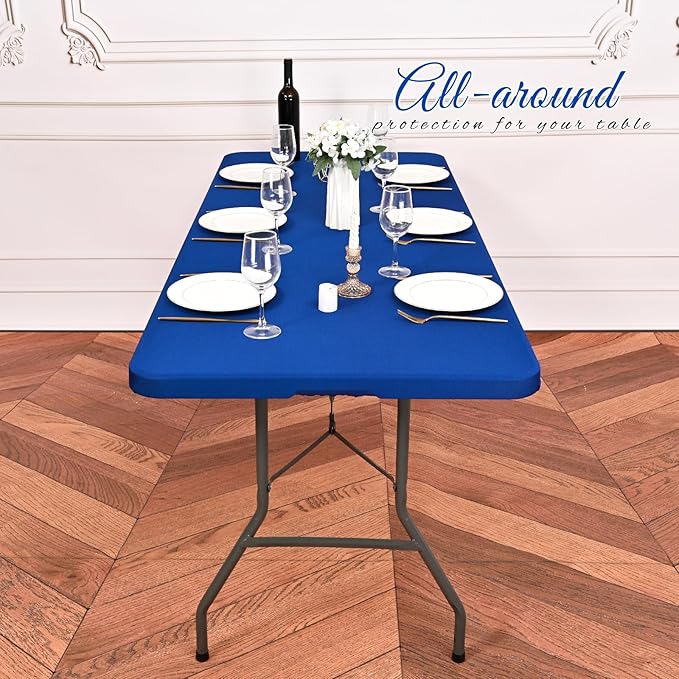 10 Pack Stretch Fabric Table Top Cap Cover, fits 8Ft Tables, Spandex Table Covers Washable Elastic Universal Rectangle Tablecloth Protector for Outdoor Party Picnic Wedding, Royal Blue, 30" W x 96" L