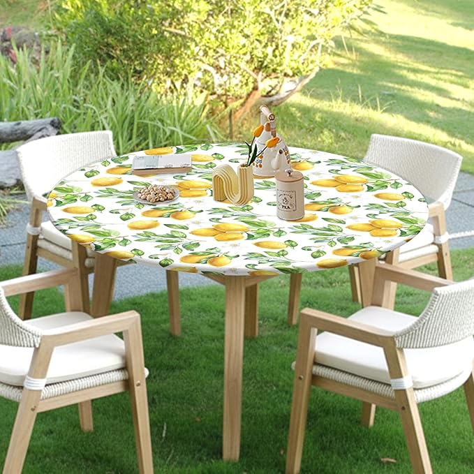 Lemon Round Fitted Tablecloth with Elastic Spring Summer Yellow Lemons Circle Table Cloth for 48-52" Round Tables Wipeable Waterproof Lemonade Party Farmhouse Table Cover for Picnic Dining Outdoor