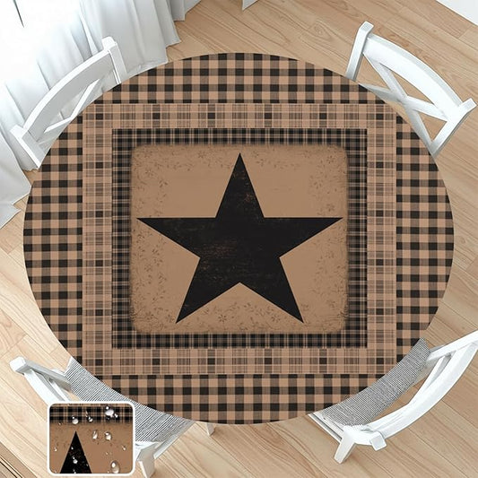 Western Texas Star Round Fitted Tablecloth with Elastic Vintage Black Brown Plaid Circle Table Cover for 44-48" Round Tables Stretch Waterproof Rustic Country Table Cloth for Kitchen Dining Patio