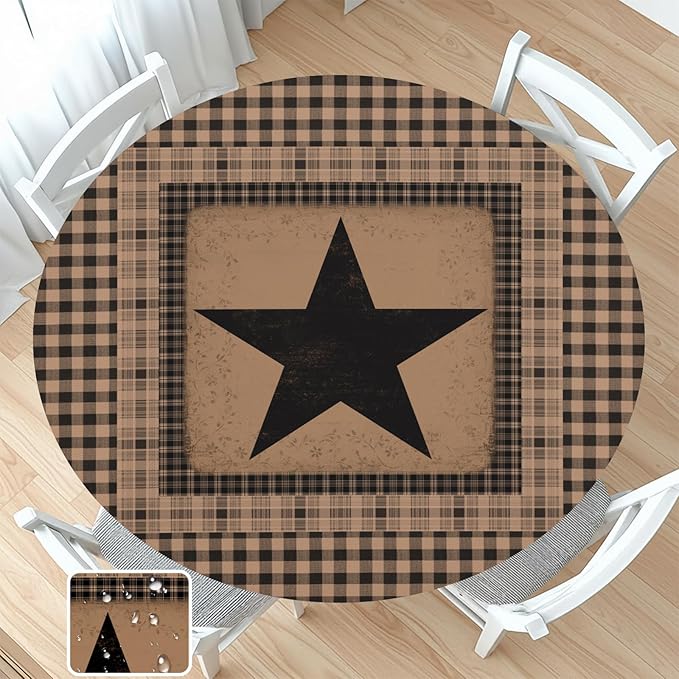 Western Texas Star Round Fitted Tablecloth with Elastic Vintage Primitive Brown Black Checkered Circle Table Cover for 40-44" Tables Waterproof Washable Country Plaid Table Cloth for Kitchen Dining