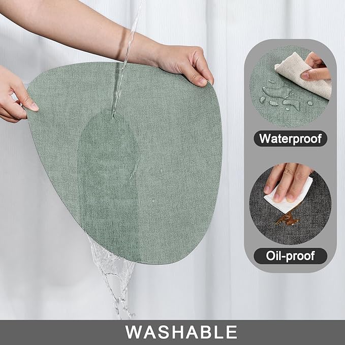 Placemats and Coasters, Washable Reversible Placemats Round Faux Leather Wipeable Place Mats Non Slip Heat Resistant Indoor Outdoor Table Mats (Set of 6, Gray Sage Green)