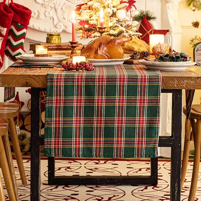 Green Red Plaid Christmas Table Runner, Winter Holiday Table Runners 48 inches Long, Xmas Decorations Indoor Outdoor Farmhouse Home Kitchen Dining Party Decor