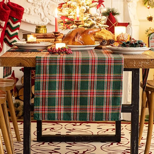 Green Red Plaid Christmas Table Runner, Winter Holiday Table Runners 36 inches Long, Xmas Decorations Indoor Outdoor Farmhouse Home Kitchen Dining Party Decor