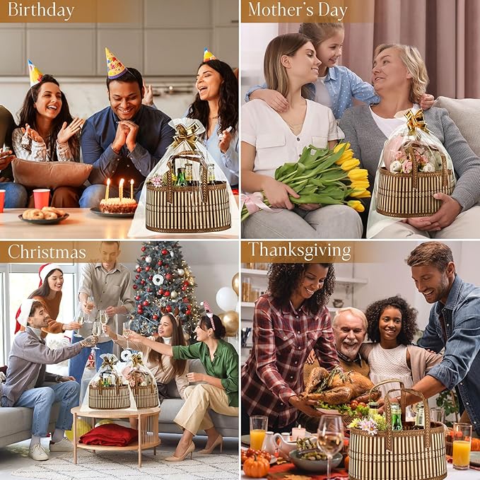 Reallnaive Baskets for Gifts Empty Sturdy Woven Bamboo Gift Basket with Gift Bags and Ribbons for Christmas Thanksgiving Birthday Mothers Day Housewarming Party Gift Wrapping, 12"x 8"x 6" (1 Set)