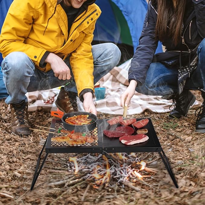 Folding Campfire Grill Grate, Portable Heavy Duty Steel Mesh Over Fire Camp Grill, Camp Fire Cooking Equipment with Legs & Carrying Bag, Grilling Rack for Outdoor BBQ Picnic
