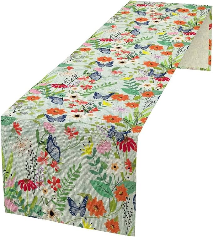 Butterfly Table Runner, Colorful Wildflower Butterfly Spring Table Runner for Holiday Kitchen Dining Home Party Outdoor 13x70in