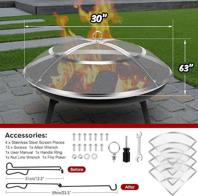Fire Pit Spark Screen,30 Inch Fire Pit Screen Cover Stainless Steel Outdoor with Handle&Poker,Firepit Screens Cover Round Mesh Lid Heavy-Duty Steel Replacement for Backyard/Beach/RV Camping