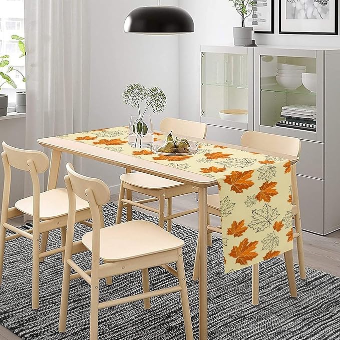 Fall Maple Leaves Table Runner, Rustic Vintage Autumn Orange Leaf Thanksgiving Farmhouse Kitchen Dinning Table for Indoor Outdoor Home Party, 13x36inch