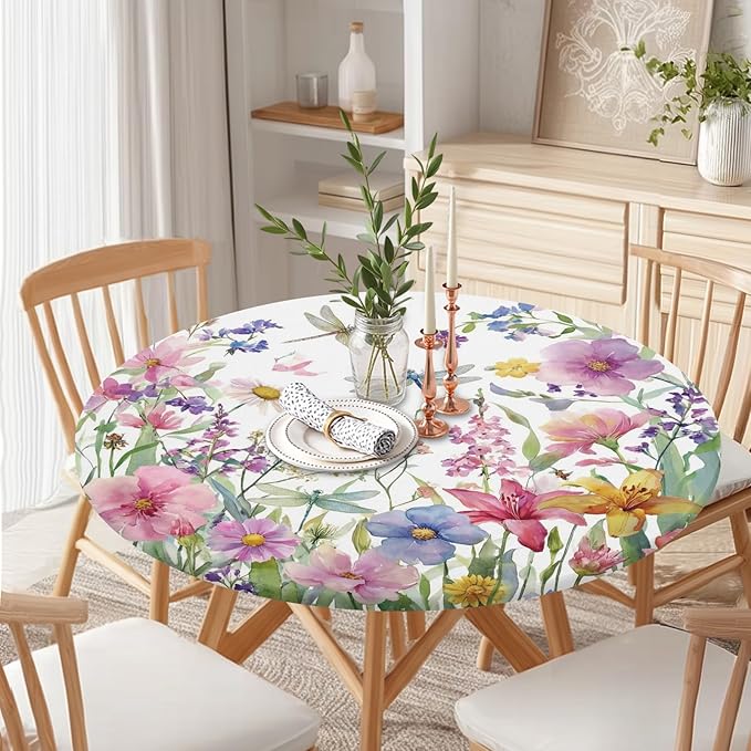 Spring Summer Floral Round Fitted Tablecloth with Elastic Wildflower Dragonfly Circle Table Cloth for 40-44" Tables Farmhouse Easter Flowers Stretch Waterproof Table Cover for Picnic Outdoor Dining