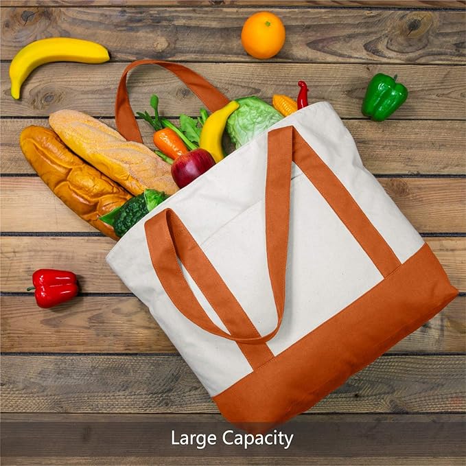 TOPDesign 6-Pack Canvas Tote Bags with an External Pocket, Reusable Grocery Shopping Bags, Top Zipper Closure, Daily Essentials (Orange/Natural)