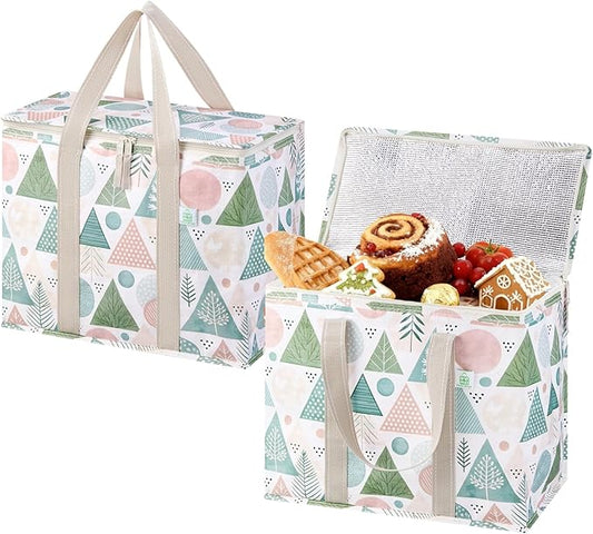 VENO 2 Pack Cooler Bag, Insulated Grocery Bags for Food Delivery, Collapsible Cooler, Reusable Shopping Bags for Groceries, Hard Bottom, Zippered, Foldable, Christmas Pattern (Pastel Forest, 2 Pack)